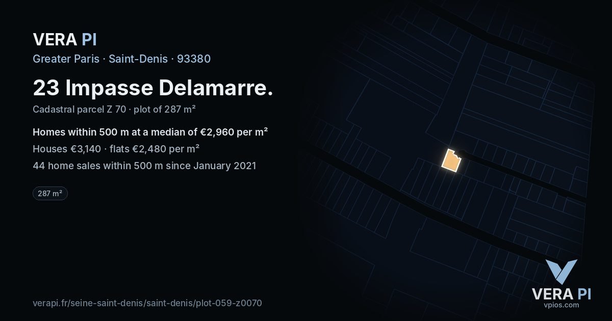 23 Impasse Delamarre, Saint-Denis at night – the plot lit, the parcels around coloured by the prices near them