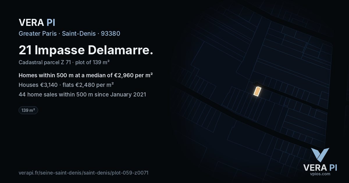 21 Impasse Delamarre, Saint-Denis at night – the plot lit, the parcels around coloured by the prices near them