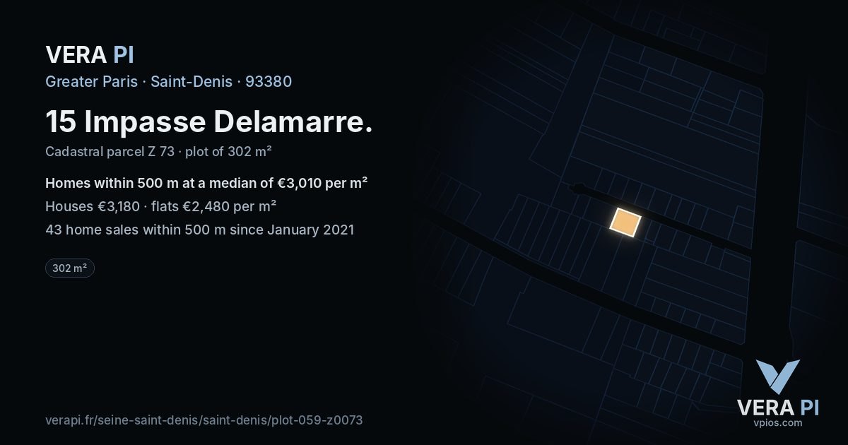 15 Impasse Delamarre, Saint-Denis at night – the plot lit, the parcels around coloured by the prices near them