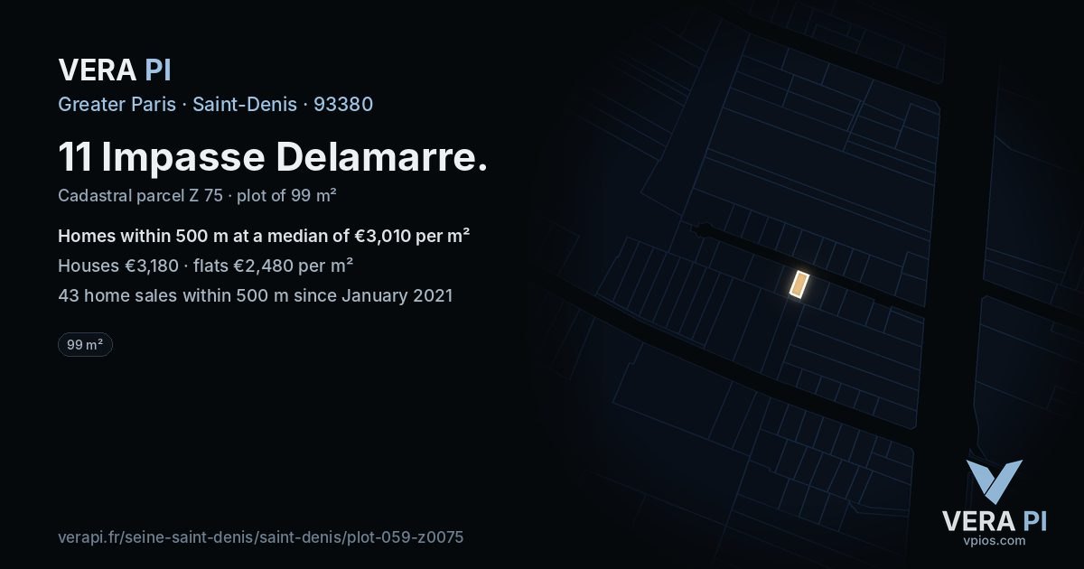11 Impasse Delamarre, Saint-Denis at night – the plot lit, the parcels around coloured by the prices near them