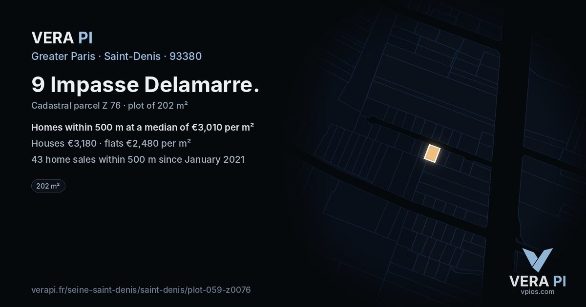 9 Impasse Delamarre, Saint-Denis at night – the plot lit, the parcels around coloured by the prices near them