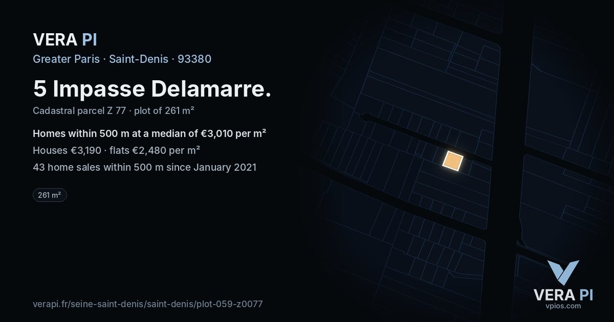 5 Impasse Delamarre, Saint-Denis at night – the plot lit, the parcels around coloured by the prices near them