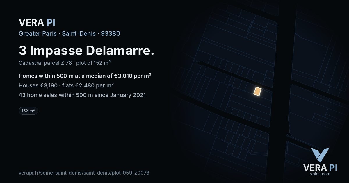 3 Impasse Delamarre, Saint-Denis at night – the plot lit, the parcels around coloured by the prices near them