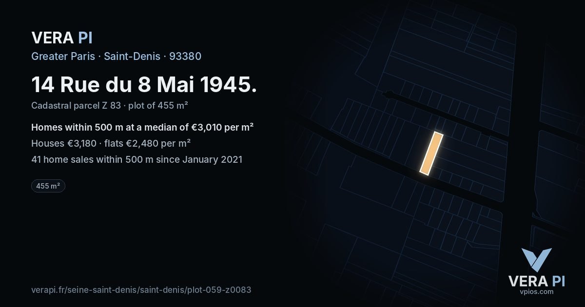 14 Rue du 8 Mai 1945, Saint-Denis at night – the plot lit, the parcels around coloured by the prices near them