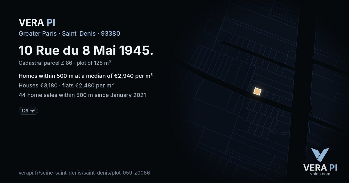 10 Rue du 8 Mai 1945, Saint-Denis at night – the plot lit, the parcels around coloured by the prices near them