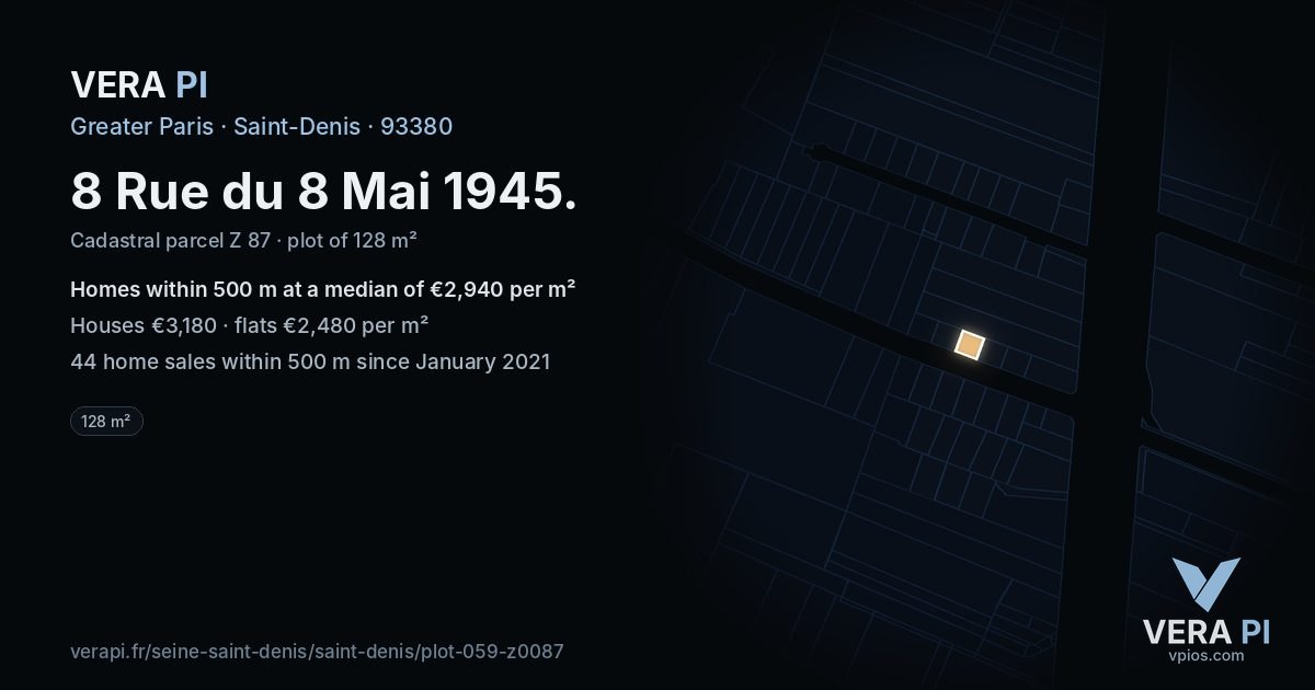 8 Rue du 8 Mai 1945, Saint-Denis at night – the plot lit, the parcels around coloured by the prices near them