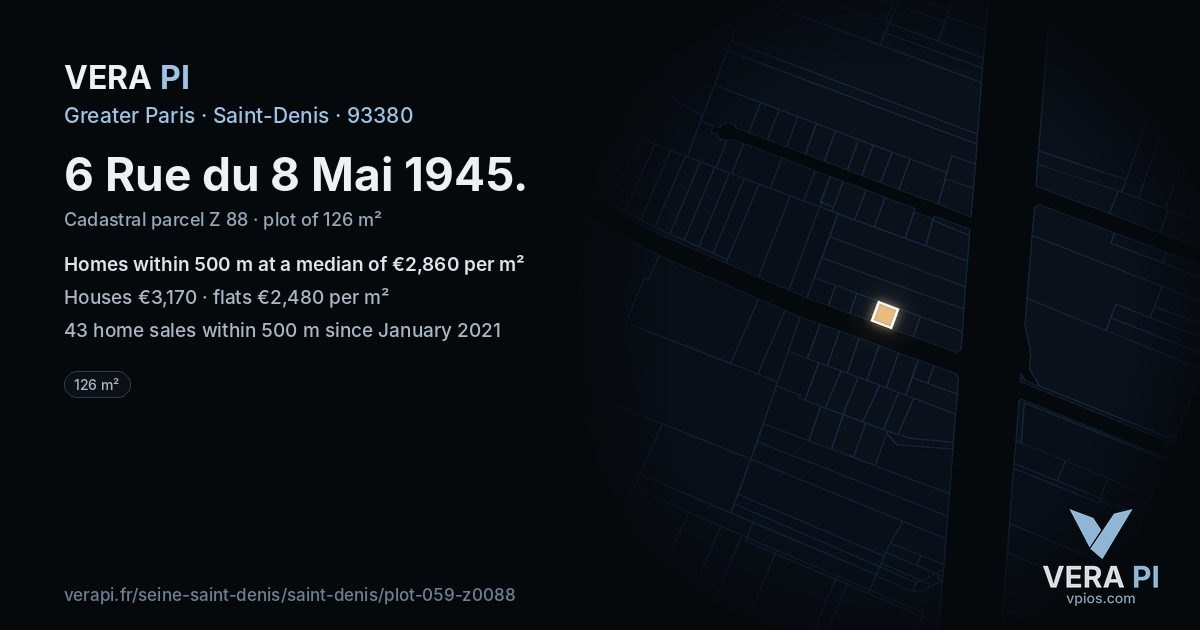 6 Rue du 8 Mai 1945, Saint-Denis at night – the plot lit, the parcels around coloured by the prices near them