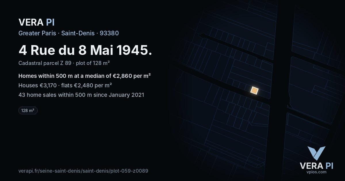 4 Rue du 8 Mai 1945, Saint-Denis at night – the plot lit, the parcels around coloured by the prices near them