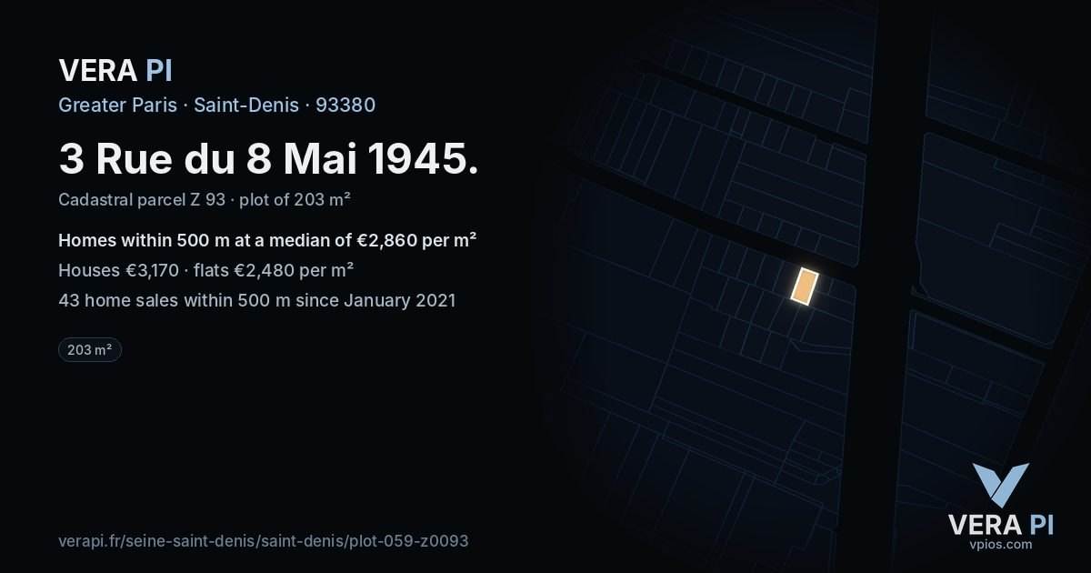 3 Rue du 8 Mai 1945, Saint-Denis at night – the plot lit, the parcels around coloured by the prices near them