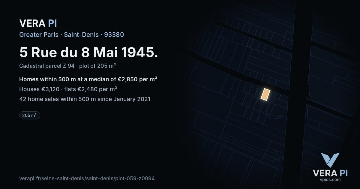 5 Rue du 8 Mai 1945, Saint-Denis at night – the plot lit, the parcels around coloured by the prices near them