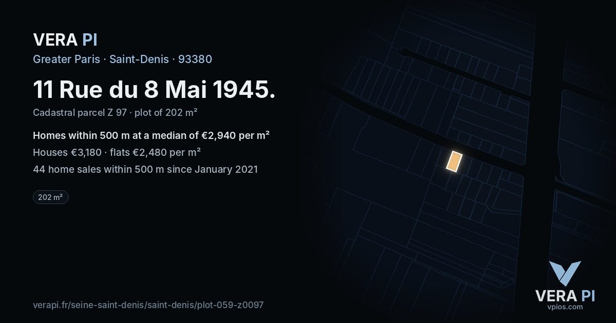 11 Rue du 8 Mai 1945, Saint-Denis at night – the plot lit, the parcels around coloured by the prices near them
