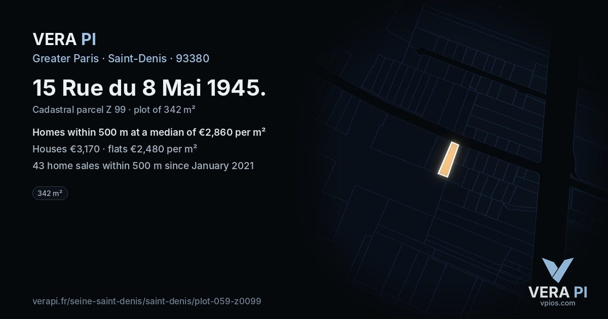 15 Rue du 8 Mai 1945, Saint-Denis at night – the plot lit, the parcels around coloured by the prices near them