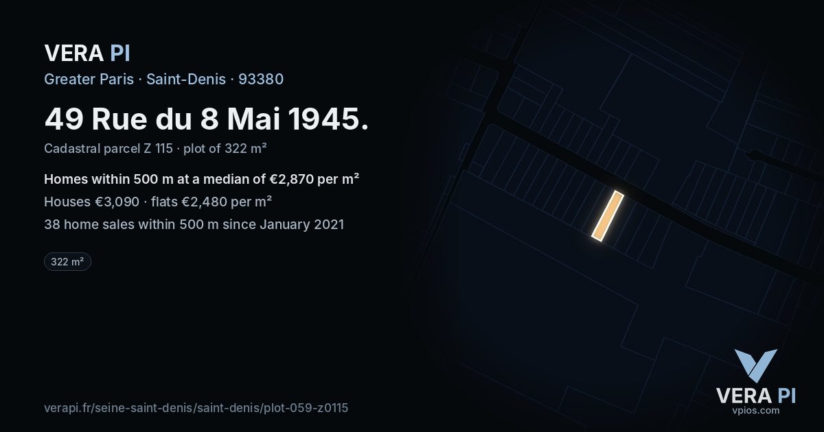 49 Rue du 8 Mai 1945, Saint-Denis at night – the plot lit, the parcels around coloured by the prices near them