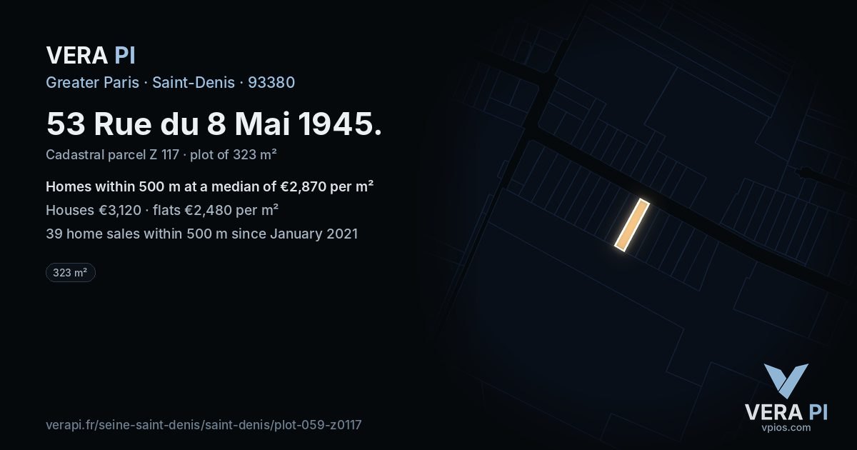 53 Rue du 8 Mai 1945, Saint-Denis at night – the plot lit, the parcels around coloured by the prices near them