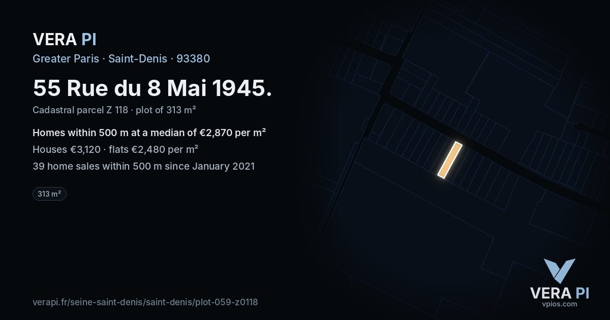 55 Rue du 8 Mai 1945, Saint-Denis at night – the plot lit, the parcels around coloured by the prices near them