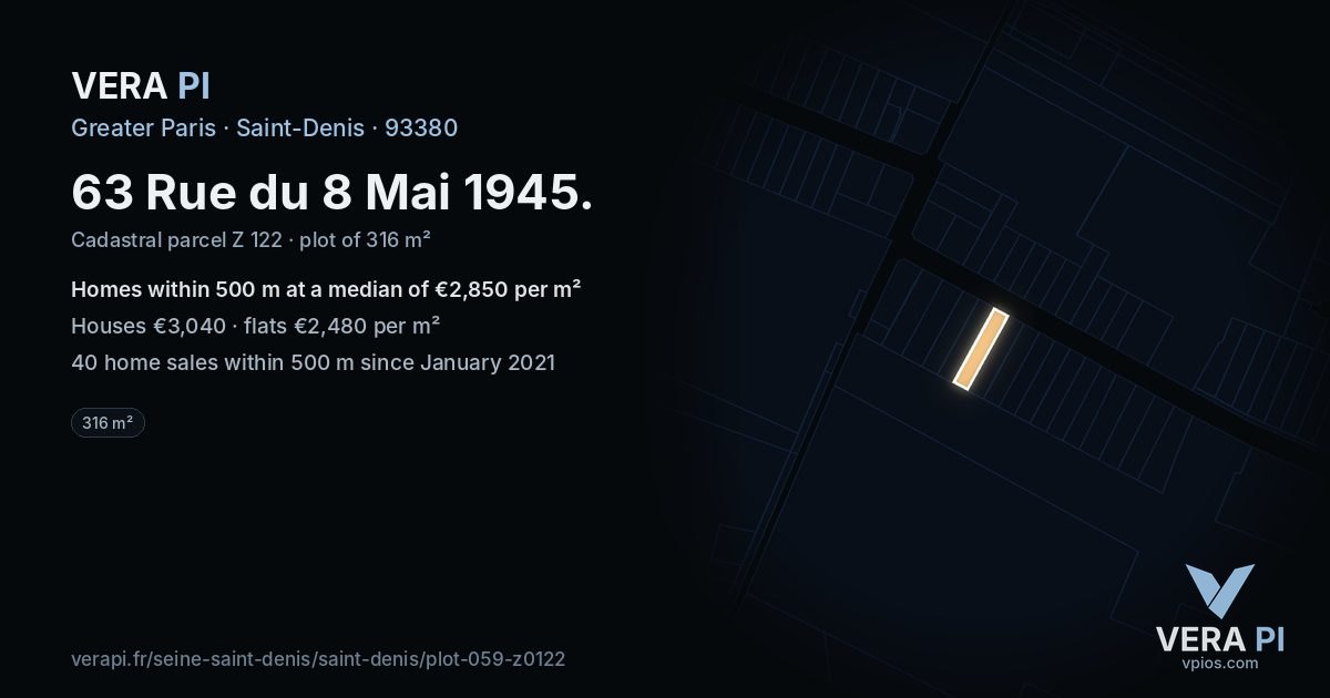 63 Rue du 8 Mai 1945, Saint-Denis at night – the plot lit, the parcels around coloured by the prices near them