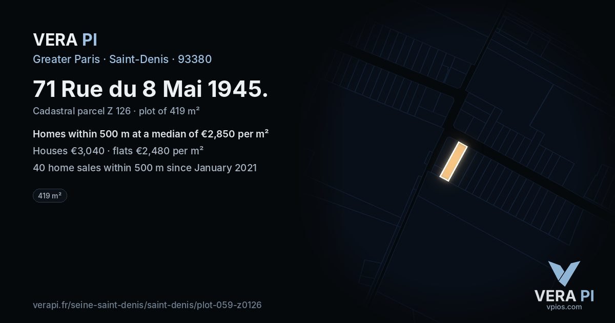 71 Rue du 8 Mai 1945, Saint-Denis at night – the plot lit, the parcels around coloured by the prices near them