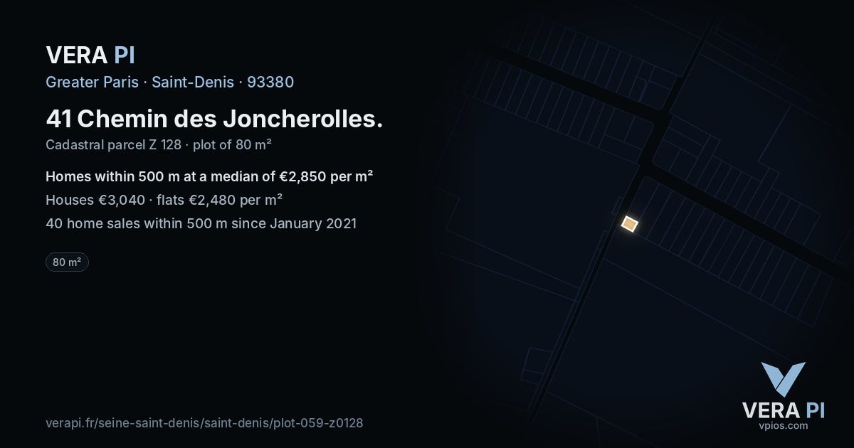 41 Chemin des Joncherolles, Saint-Denis at night – the plot lit, the parcels around coloured by the prices near them