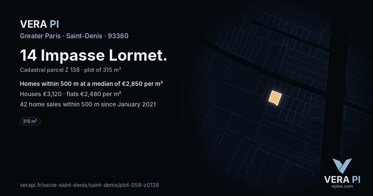 14 Impasse Lormet, Saint-Denis at night – the plot lit, the parcels around coloured by the prices near them