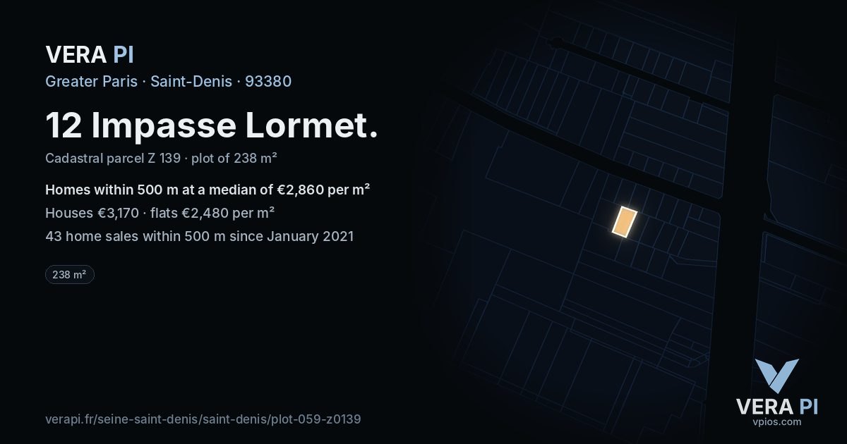 12 Impasse Lormet, Saint-Denis at night – the plot lit, the parcels around coloured by the prices near them