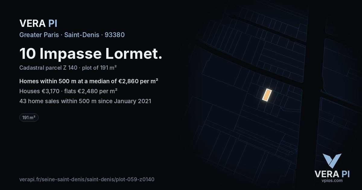 10 Impasse Lormet, Saint-Denis at night – the plot lit, the parcels around coloured by the prices near them