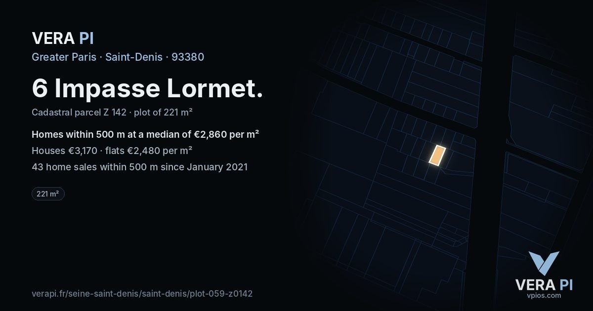 6 Impasse Lormet, Saint-Denis at night – the plot lit, the parcels around coloured by the prices near them