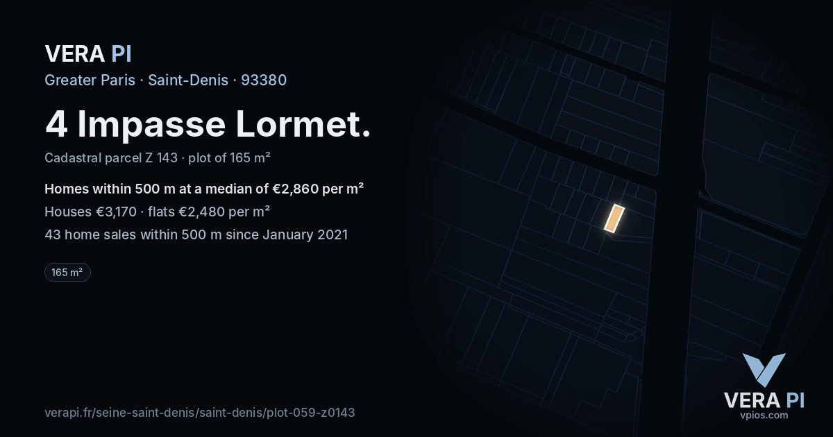 4 Impasse Lormet, Saint-Denis at night – the plot lit, the parcels around coloured by the prices near them
