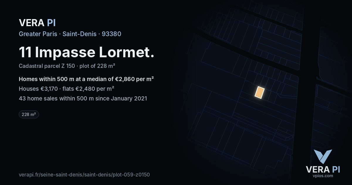 11 Impasse Lormet, Saint-Denis at night – the plot lit, the parcels around coloured by the prices near them