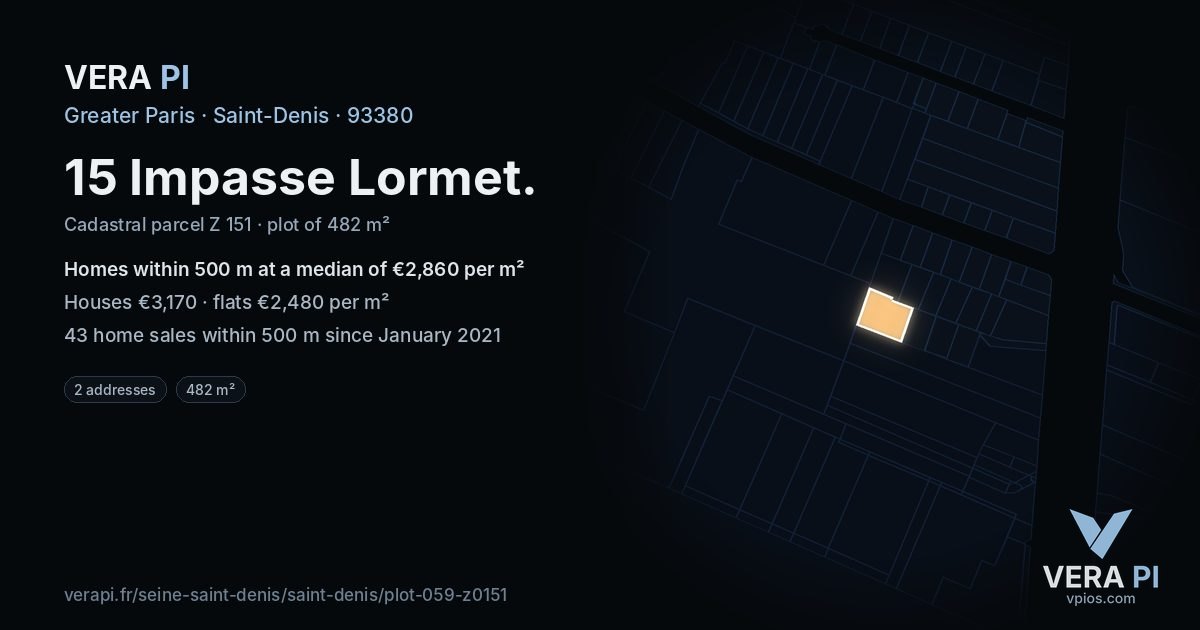 15 Impasse Lormet, Saint-Denis at night – the plot lit, the parcels around coloured by the prices near them