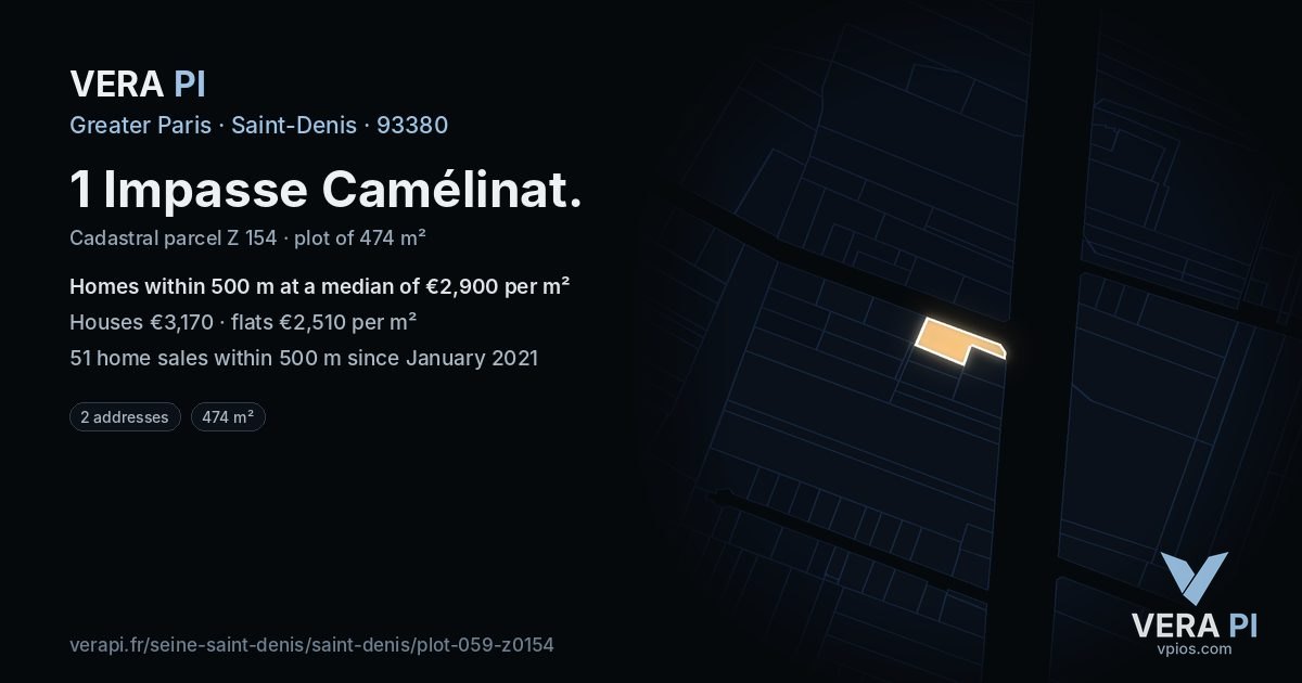 1 Impasse Camélinat, Saint-Denis at night – the plot lit, the parcels around coloured by the prices near them