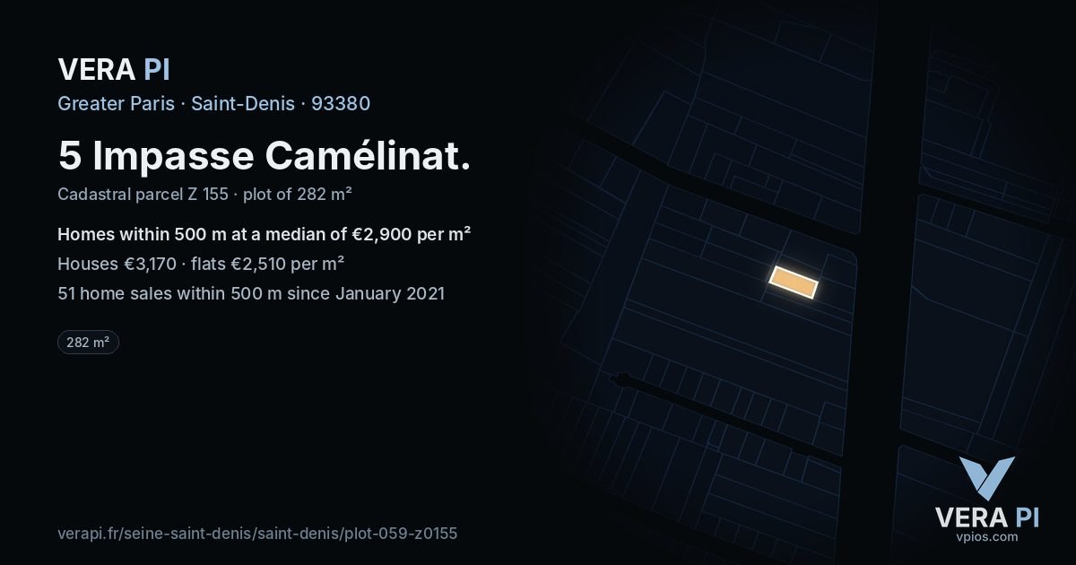 5 Impasse Camélinat, Saint-Denis at night – the plot lit, the parcels around coloured by the prices near them
