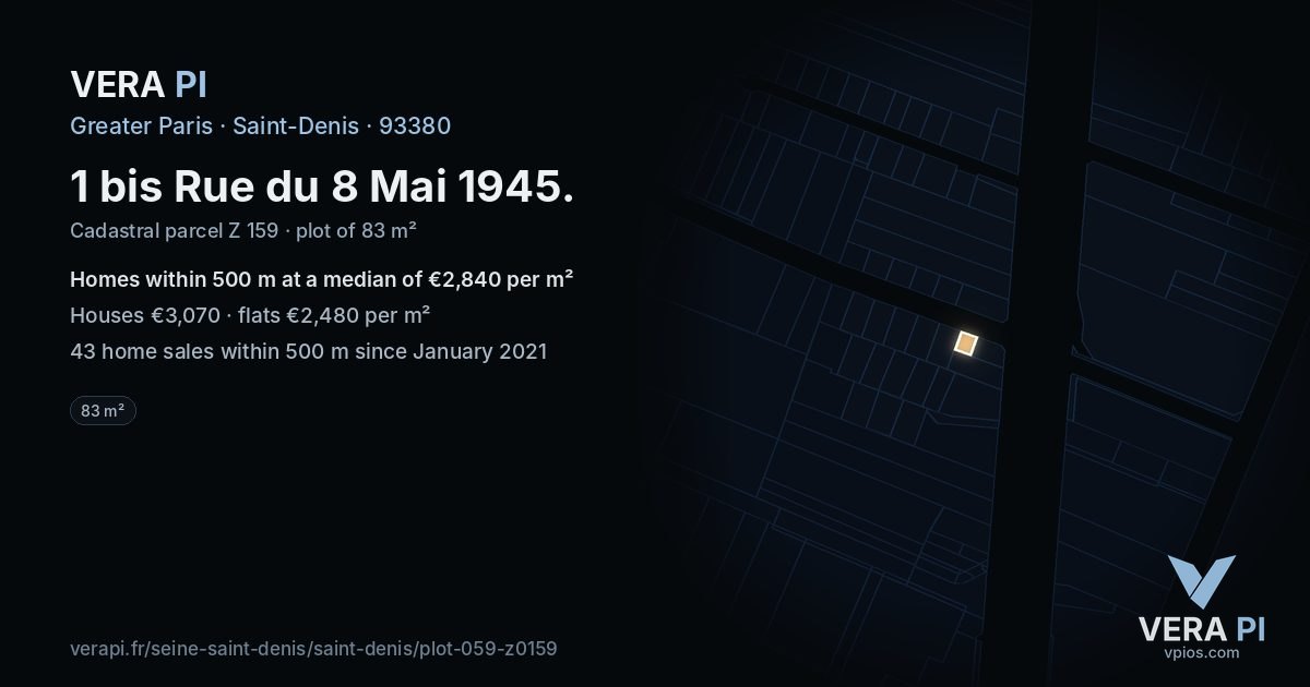 1 bis Rue du 8 Mai 1945, Saint-Denis at night – the plot lit, the parcels around coloured by the prices near them