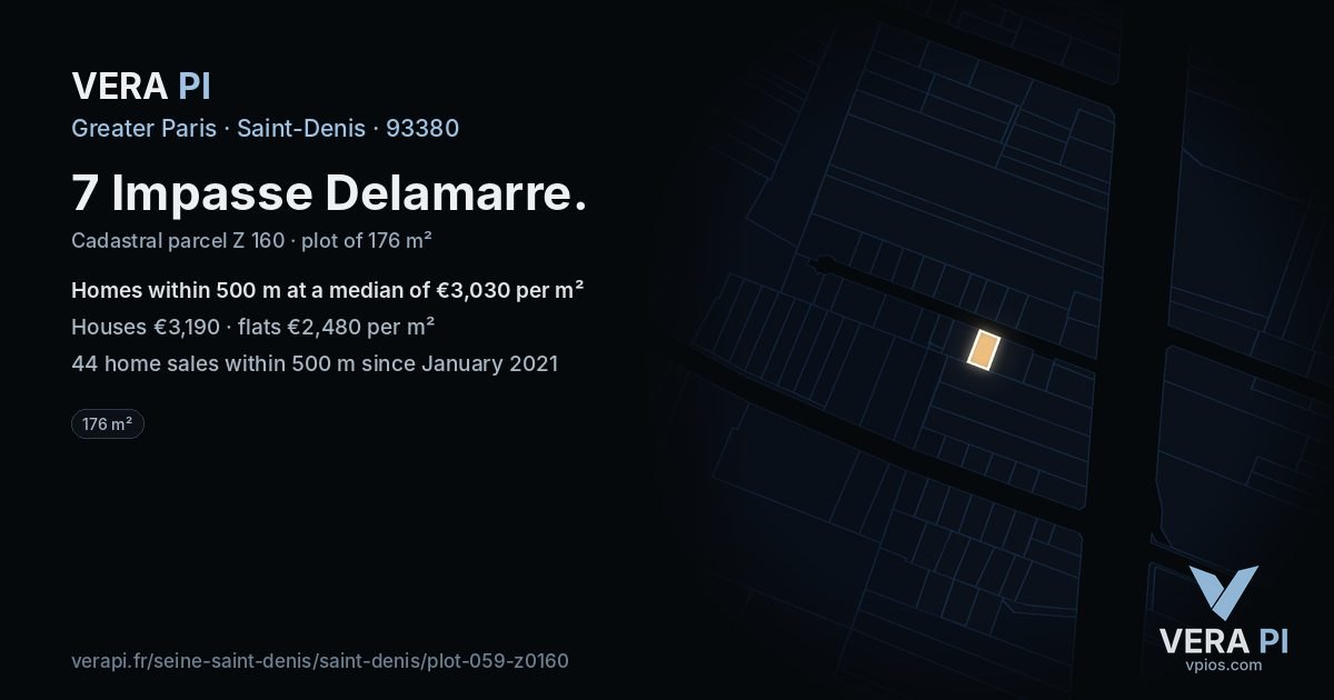 7 Impasse Delamarre, Saint-Denis at night – the plot lit, the parcels around coloured by the prices near them