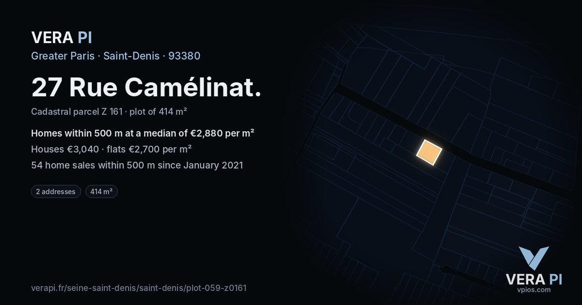 27 Rue Camélinat, Saint-Denis at night – the plot lit, the parcels around coloured by the prices near them