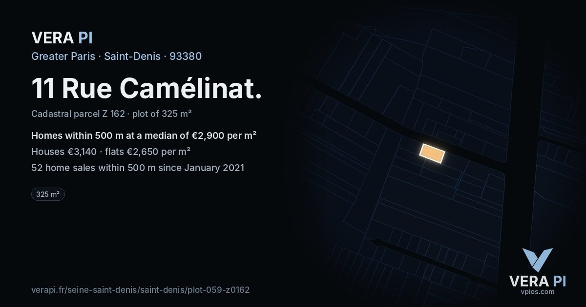 11 Rue Camélinat, Saint-Denis at night – the plot lit, the parcels around coloured by the prices near them