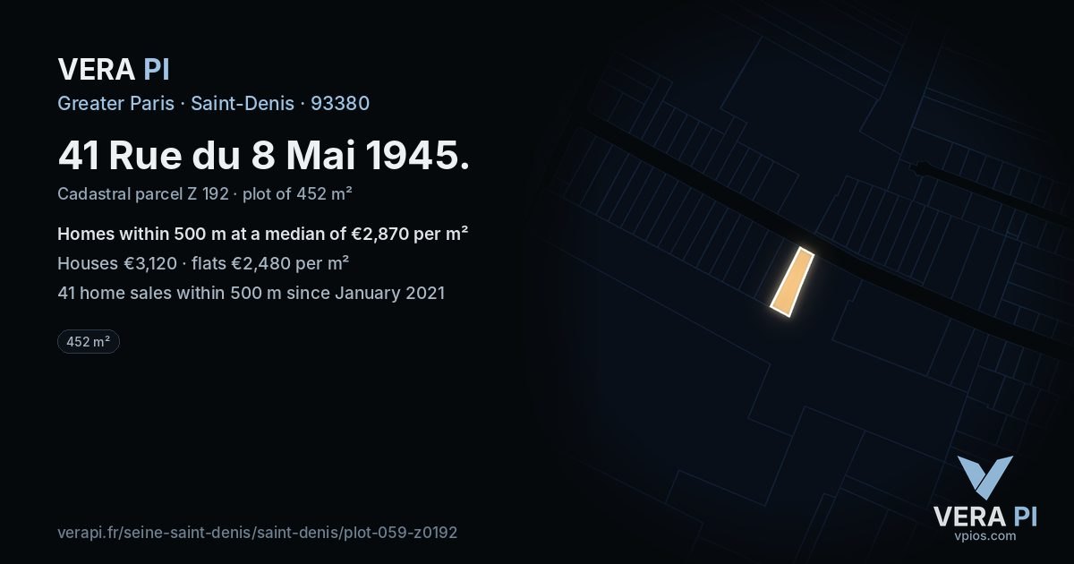 41 Rue du 8 Mai 1945, Saint-Denis at night – the plot lit, the parcels around coloured by the prices near them