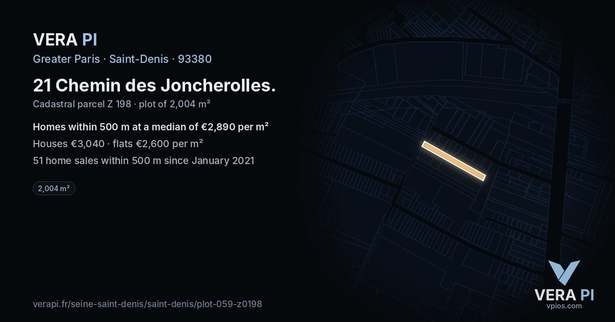21 Chemin des Joncherolles, Saint-Denis at night – the plot lit, the parcels around coloured by the prices near them