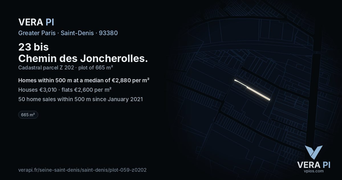 23 bis Chemin des Joncherolles, Saint-Denis at night – the plot lit, the parcels around coloured by the prices near them