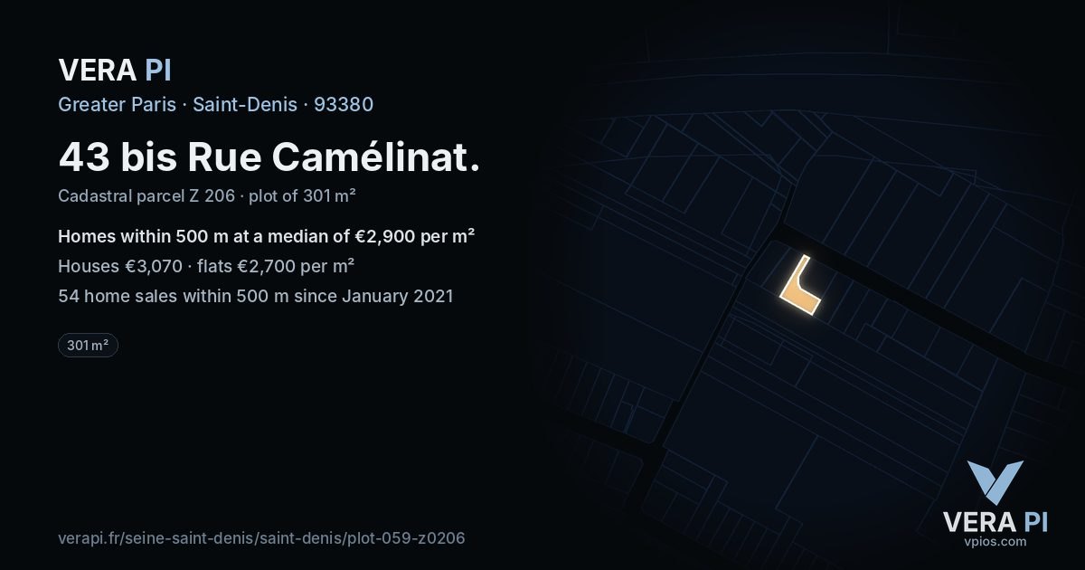 43 bis Rue Camélinat, Saint-Denis at night – the plot lit, the parcels around coloured by the prices near them