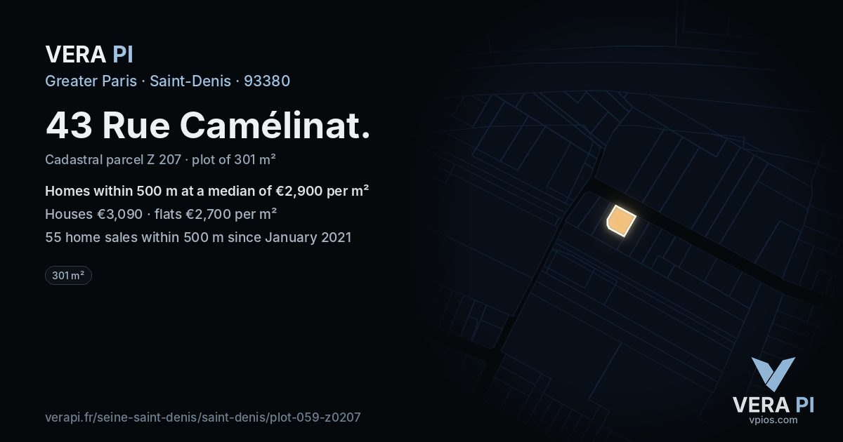 43 Rue Camélinat, Saint-Denis at night – the plot lit, the parcels around coloured by the prices near them