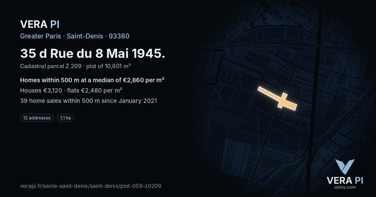 35 d Rue du 8 Mai 1945, Saint-Denis at night – the plot lit, the parcels around coloured by the prices near them