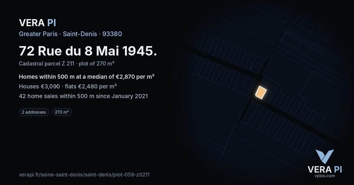 72 Rue du 8 Mai 1945, Saint-Denis at night – the plot lit, the parcels around coloured by the prices near them