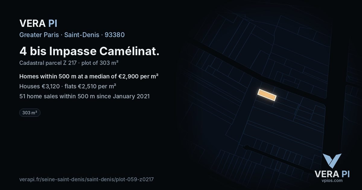 4 bis Impasse Camélinat, Saint-Denis at night – the plot lit, the parcels around coloured by the prices near them