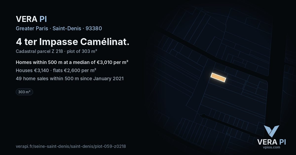 4 ter Impasse Camélinat, Saint-Denis at night – the plot lit, the parcels around coloured by the prices near them