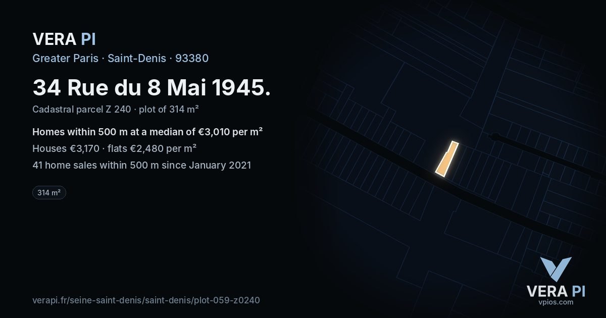 34 Rue du 8 Mai 1945, Saint-Denis at night – the plot lit, the parcels around coloured by the prices near them