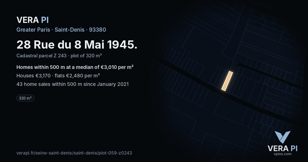 28 Rue du 8 Mai 1945, Saint-Denis at night – the plot lit, the parcels around coloured by the prices near them