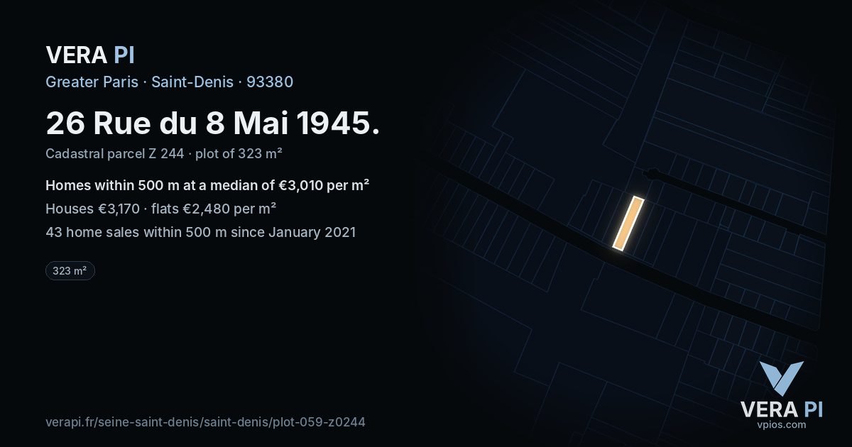 26 Rue du 8 Mai 1945, Saint-Denis at night – the plot lit, the parcels around coloured by the prices near them
