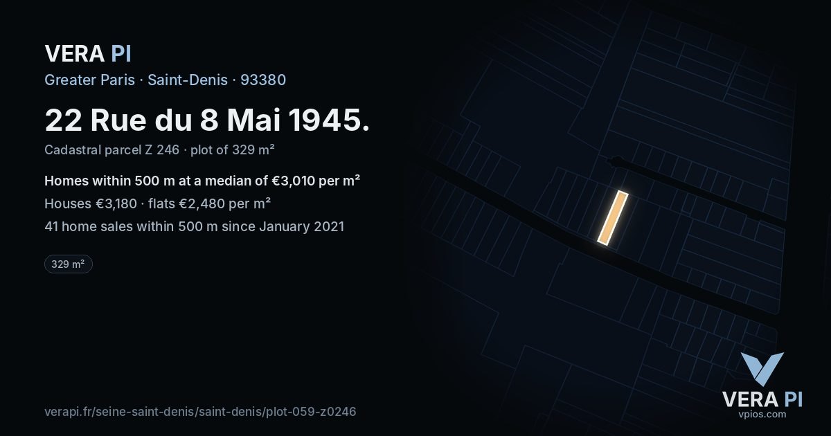 22 Rue du 8 Mai 1945, Saint-Denis at night – the plot lit, the parcels around coloured by the prices near them