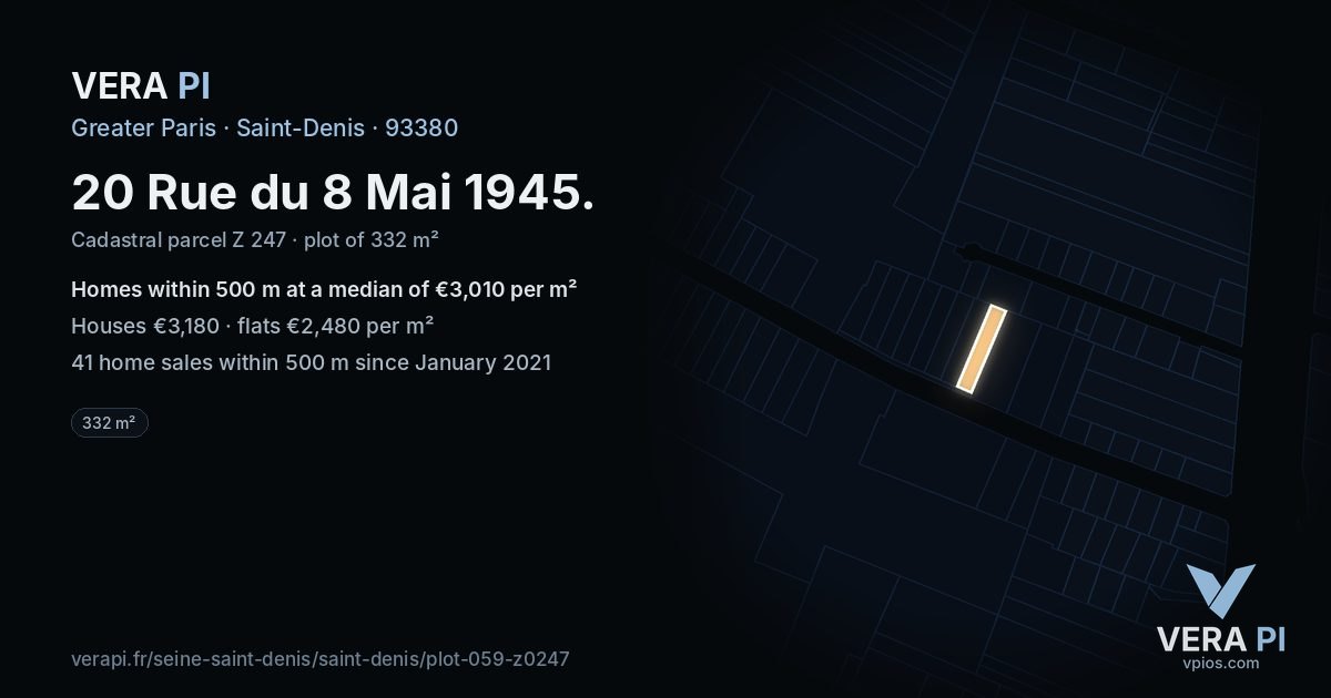 20 Rue du 8 Mai 1945, Saint-Denis at night – the plot lit, the parcels around coloured by the prices near them