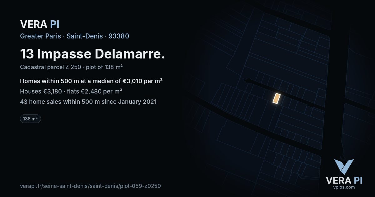 13 Impasse Delamarre, Saint-Denis at night – the plot lit, the parcels around coloured by the prices near them